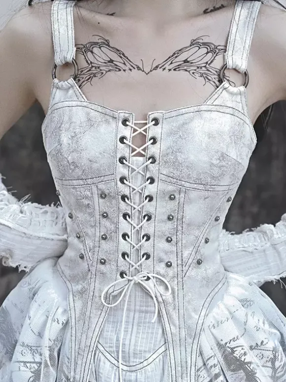 Gothic Lolita Dresses Lace Up Ruffles Floral Print Ecru White JSK