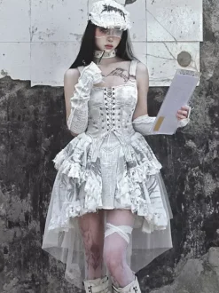 Gothic Lolita Dresses Lace Up Ruffles Floral Print Ecru White JSK
