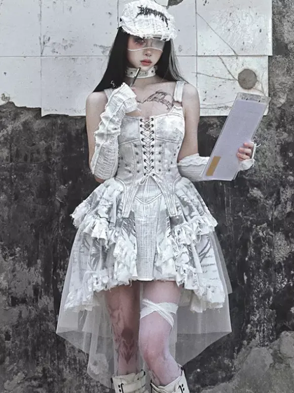 Gothic Lolita Dresses Lace Up Ruffles Floral Print Ecru White JSK