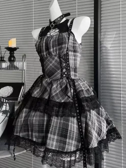 Gothic Lolita Dresses Lace Up Plaid Red And Black Gray Sleeveless Punk Halter Neck JSK