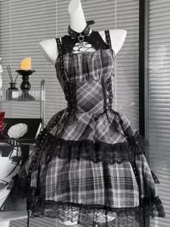 Gothic Lolita Dresses Lace Up Plaid Red And Black Gray Sleeveless Punk Halter Neck JSK