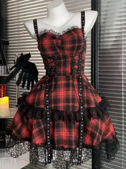 Gothic Lolita Dresses Lace Up Plaid Red And Black Gray Sleeveless Punk Halter Neck JSK