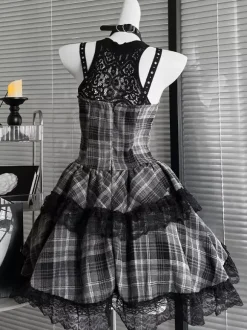 Gothic Lolita Dresses Lace Up Plaid Red And Black Gray Sleeveless Punk Halter Neck JSK