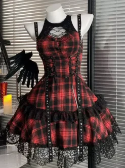 Gothic Lolita Dresses Lace Up Plaid Red And Black Gray Sleeveless Punk Halter Neck JSK