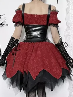 Gothic Lolita Dresses Lace Up Ruffles Jacquard Color Block Red Red