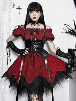 Gothic Lolita Dresses Lace Up Ruffles Jacquard Color Block Red Red