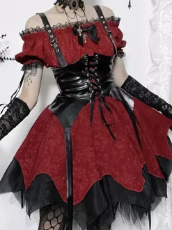 Gothic Lolita Dresses Lace Up Ruffles Jacquard Color Block Red Red