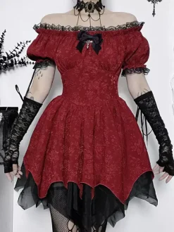 Gothic Lolita Dresses Lace Up Ruffles Jacquard Color Block Red Red