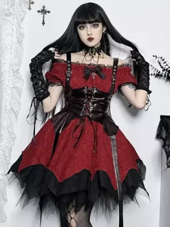 Gothic Lolita Dresses Lace Up Ruffles Jacquard Color Block Red Red