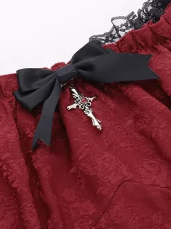 Gothic Lolita Dresses Lace Up Ruffles Jacquard Color Block Red Red