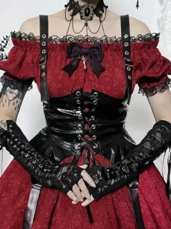 Gothic Lolita Dresses Lace Up Ruffles Jacquard Color Block Red Red