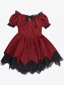 Gothic Lolita Dresses Lace Up Ruffles Jacquard Color Block Red Red