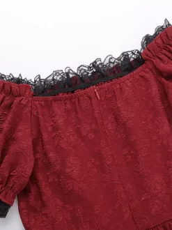 Gothic Lolita Dresses Lace Up Ruffles Jacquard Color Block Red Red