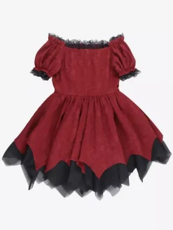 Gothic Lolita Dresses Lace Up Ruffles Jacquard Color Block Red Red
