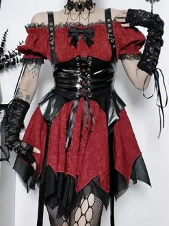 Gothic Lolita Dresses Lace Up Ruffles Jacquard Color Block Red Red