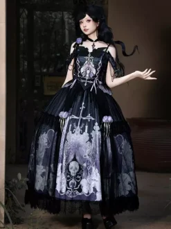 Gothic Lolita Dresses Lace Up Flowers Skeleton Cross Black Top Long Skirt Sets