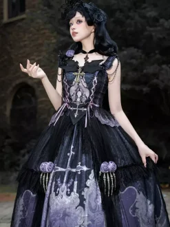 Gothic Lolita Dresses Lace Up Flowers Skeleton Cross Black Top Long Skirt Sets