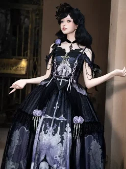 Gothic Lolita Dresses Lace Up Flowers Skeleton Cross Black Top Long Skirt Sets