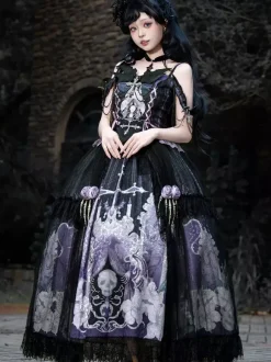 Gothic Lolita Dresses Lace Up Flowers Skeleton Cross Black Top Long Skirt Sets