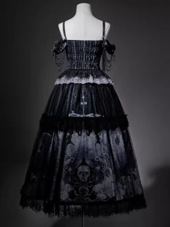 Gothic Lolita Dresses Lace Up Flowers Skeleton Cross Black Top Long Skirt Sets