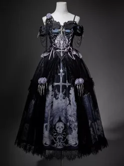 Gothic Lolita Dresses Lace Up Flowers Skeleton Cross Black Top Long Skirt Sets