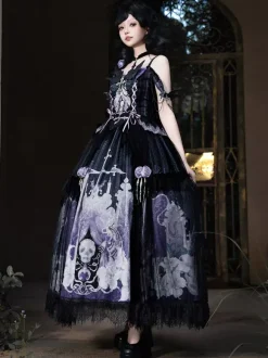Gothic Lolita Dresses Lace Up Flowers Skeleton Cross Black Top Long Skirt Sets