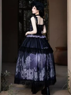 Gothic Lolita Dresses Lace Up Flowers Skeleton Cross Black Top Long Skirt Sets