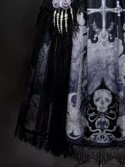 Gothic Lolita Dresses Lace Up Flowers Skeleton Cross Black Top Long Skirt Sets