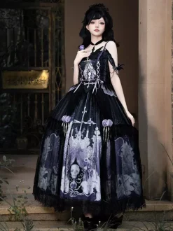 Gothic Lolita Dresses Lace Up Flowers Skeleton Cross Black Top Long Skirt Sets