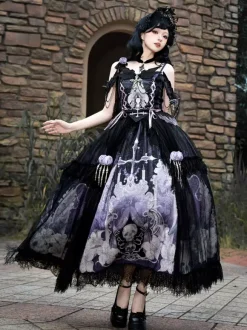 Gothic Lolita Dresses Lace Up Flowers Skeleton Cross Black Top Long Skirt Sets