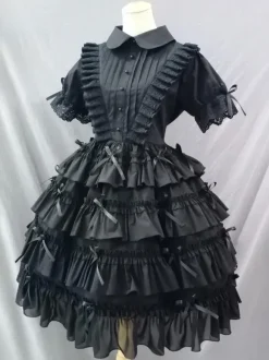 Gothic Lolita Dresses Pleated Bows Black Black