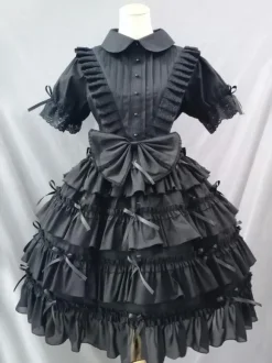 Gothic Lolita Dresses Pleated Bows Black Black