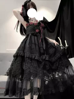 Gothic Lolita Dresses Ruffles Flowers Black Hime Lolita JSK