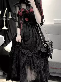 Gothic Lolita Dresses Ruffles Flowers Black Hime Lolita JSK