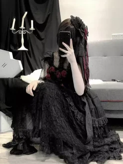 Gothic Lolita Dresses Ruffles Flowers Black Hime Lolita JSK
