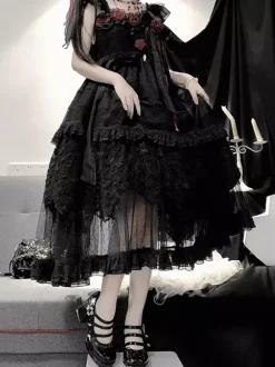 Gothic Lolita Dresses Ruffles Flowers Black Hime Lolita JSK