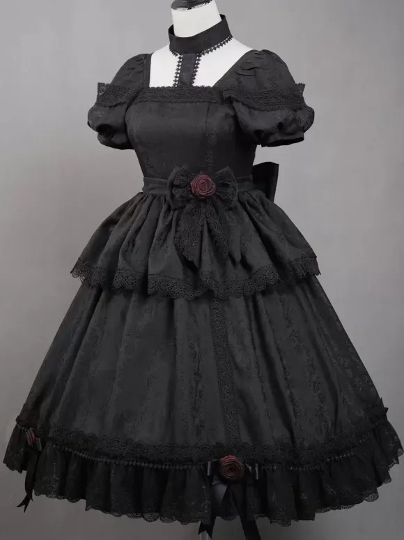 Gothic Lolita Dresses Ruffles Rose Black Black