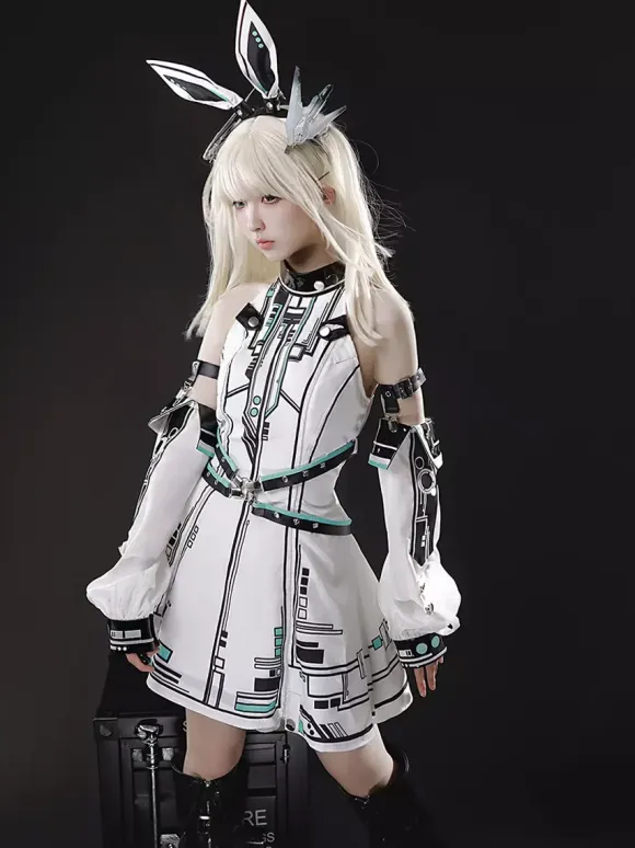 Gothic Lolita Dress Future Battle Princess Punk Tech Style JSK With Headpiece And Arm Sleeves