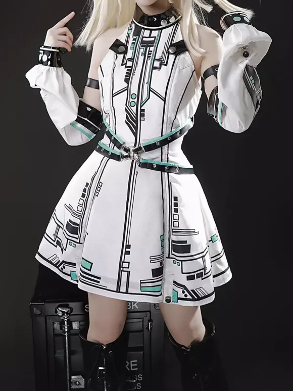 Gothic Lolita Dress Future Battle Princess Punk Tech Style JSK With Headpiece And Arm Sleeves