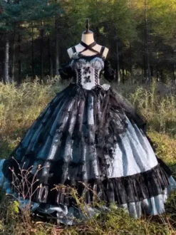Gothic Lolita Dress Lace Ruffles Floral Print Cute Princess Dress Sleeveless mesh Ruffles Long Dress