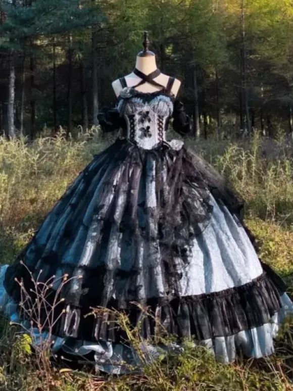 Gothic Lolita Dress Lace Ruffles Floral Print Cute Princess Dress Sleeveless mesh Ruffles Long Dress