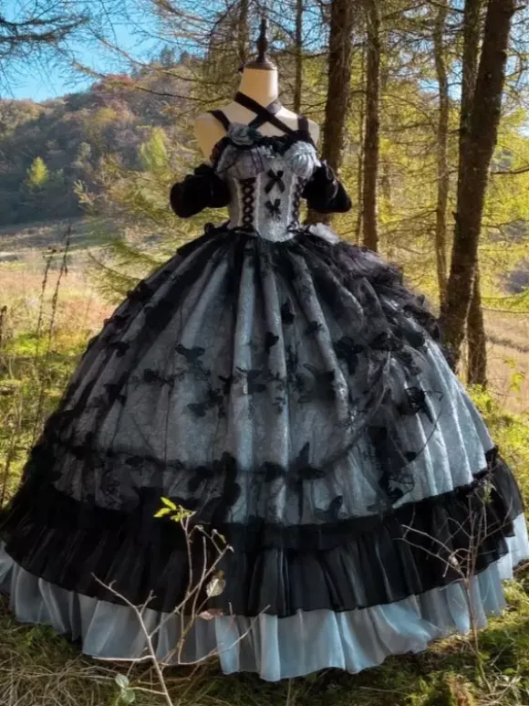 Gothic Lolita Dress Lace Ruffles Floral Print Cute Princess Dress Sleeveless mesh Ruffles Long Dress