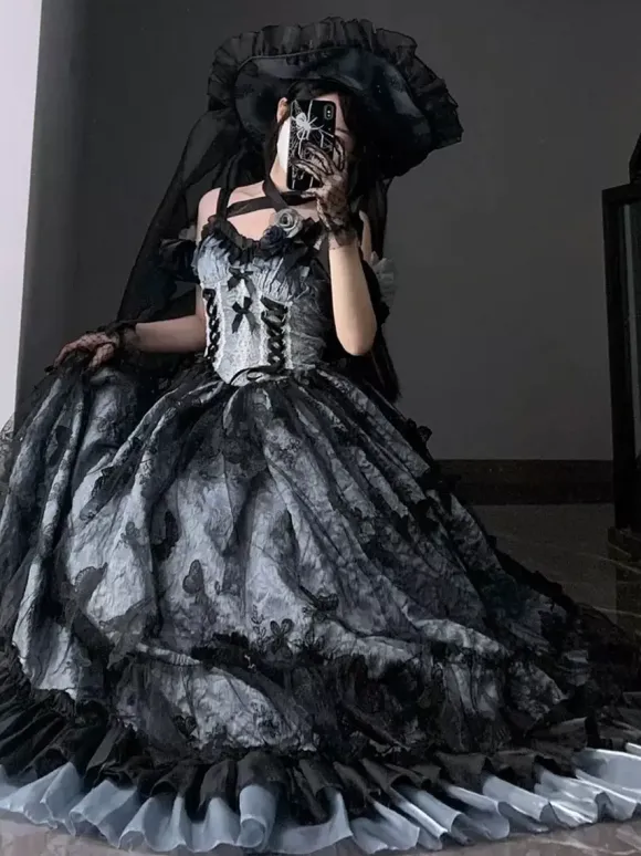 Gothic Lolita Dress Lace Ruffles Floral Print Cute Princess Dress Sleeveless mesh Ruffles Long Dress