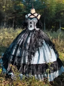 Gothic Lolita Dress Lace Ruffles Floral Print Cute Princess Dress Sleeveless mesh Ruffles Long Dress