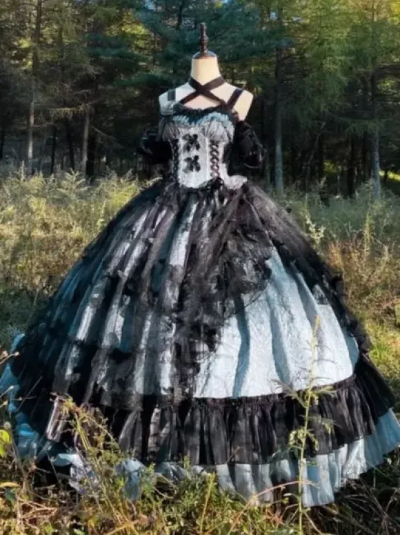 Gothic Lolita Dress Lace Ruffles Floral Print Cute Princess Dress Sleeveless mesh Ruffles Long Dress