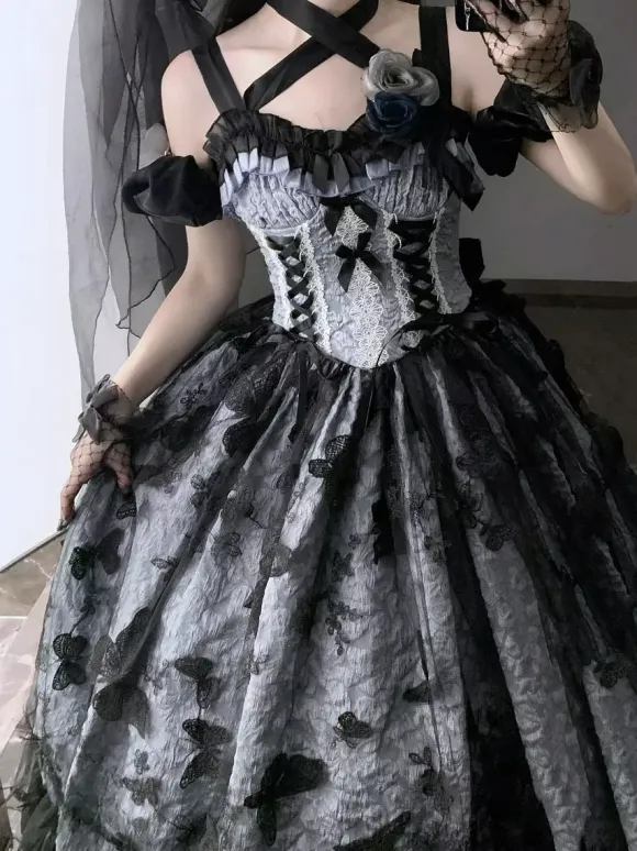 Gothic Lolita Dress Lace Ruffles Floral Print Cute Princess Dress Sleeveless mesh Ruffles Long Dress