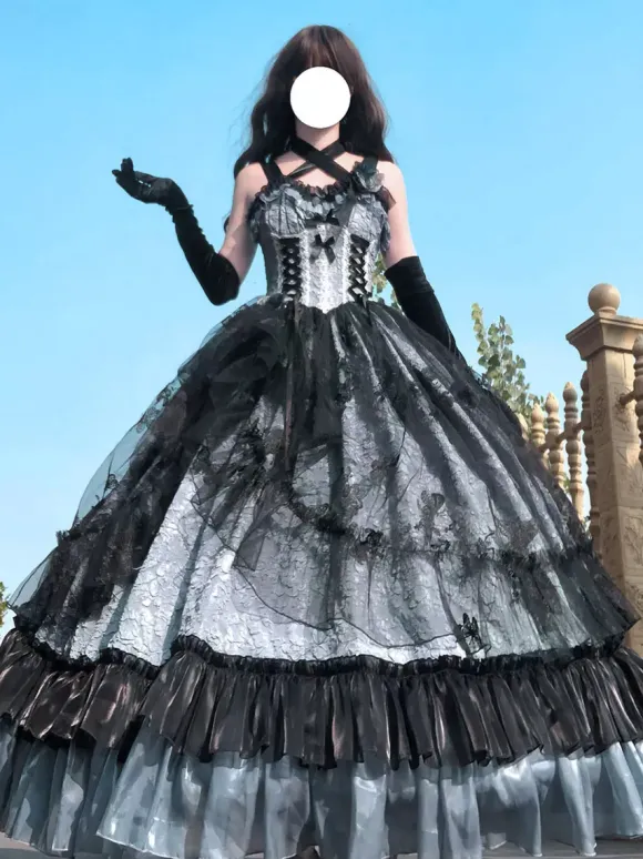 Gothic Lolita Dress Lace Ruffles Floral Print Cute Princess Dress Sleeveless mesh Ruffles Long Dress