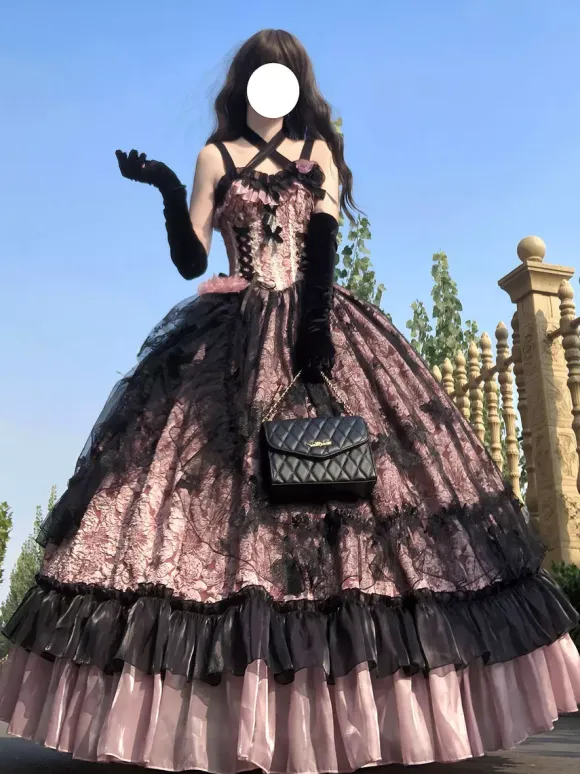 Gothic Lolita Dress Lace Ruffles Floral Print Cute Princess Dress Sleeveless mesh Ruffles Long Dress