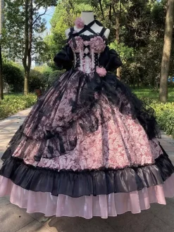 Gothic Lolita Dress Lace Ruffles Floral Print Cute Princess Dress Sleeveless mesh Ruffles Long Dress