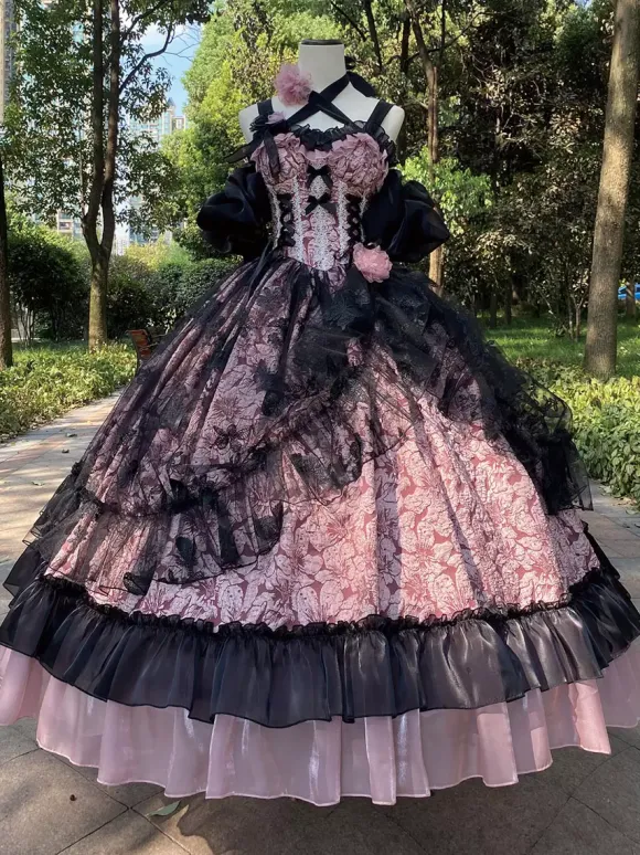 Gothic Lolita Dress Lace Ruffles Floral Print Cute Princess Dress Sleeveless mesh Ruffles Long Dress